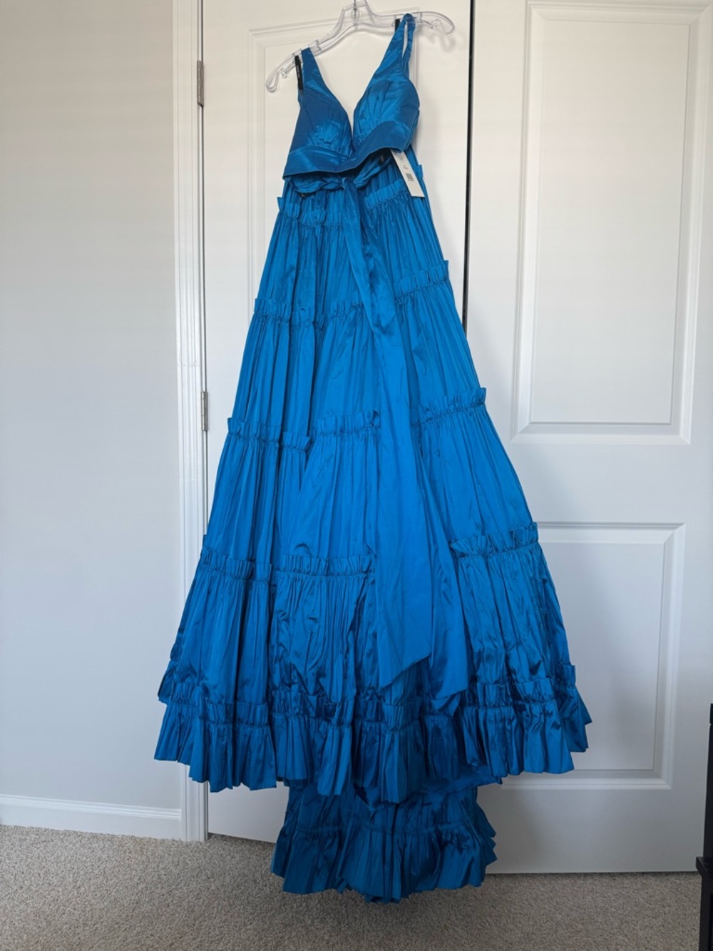 Sherri Hill Peacock Blue Satin Tiered Dress